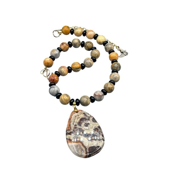 Handcrafted Leopard Jasper Necklace Beaded with Large Drop Shaped Pendant - Picture 1 of 7